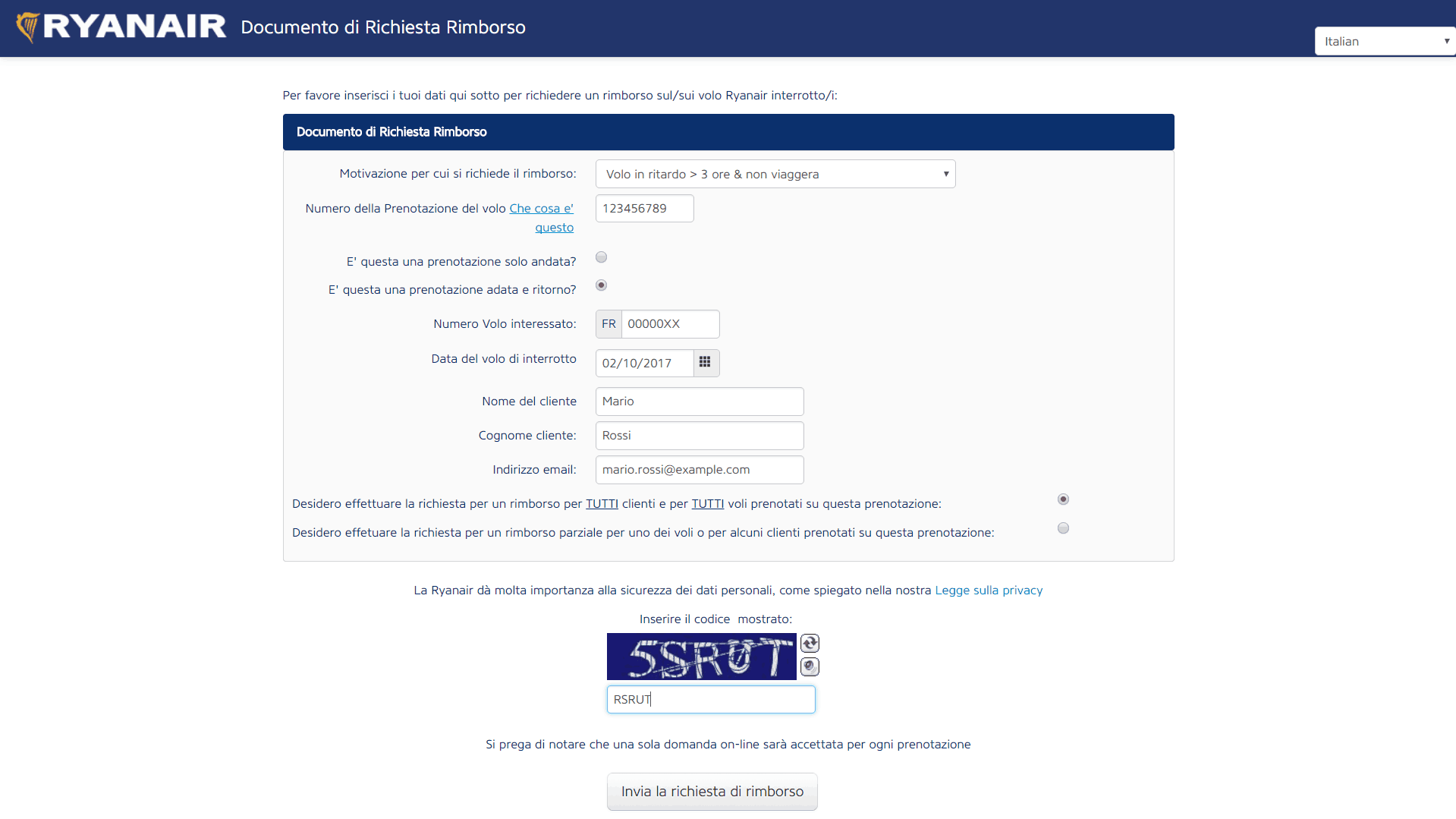 Rimborso Ryanair - Modulo Online